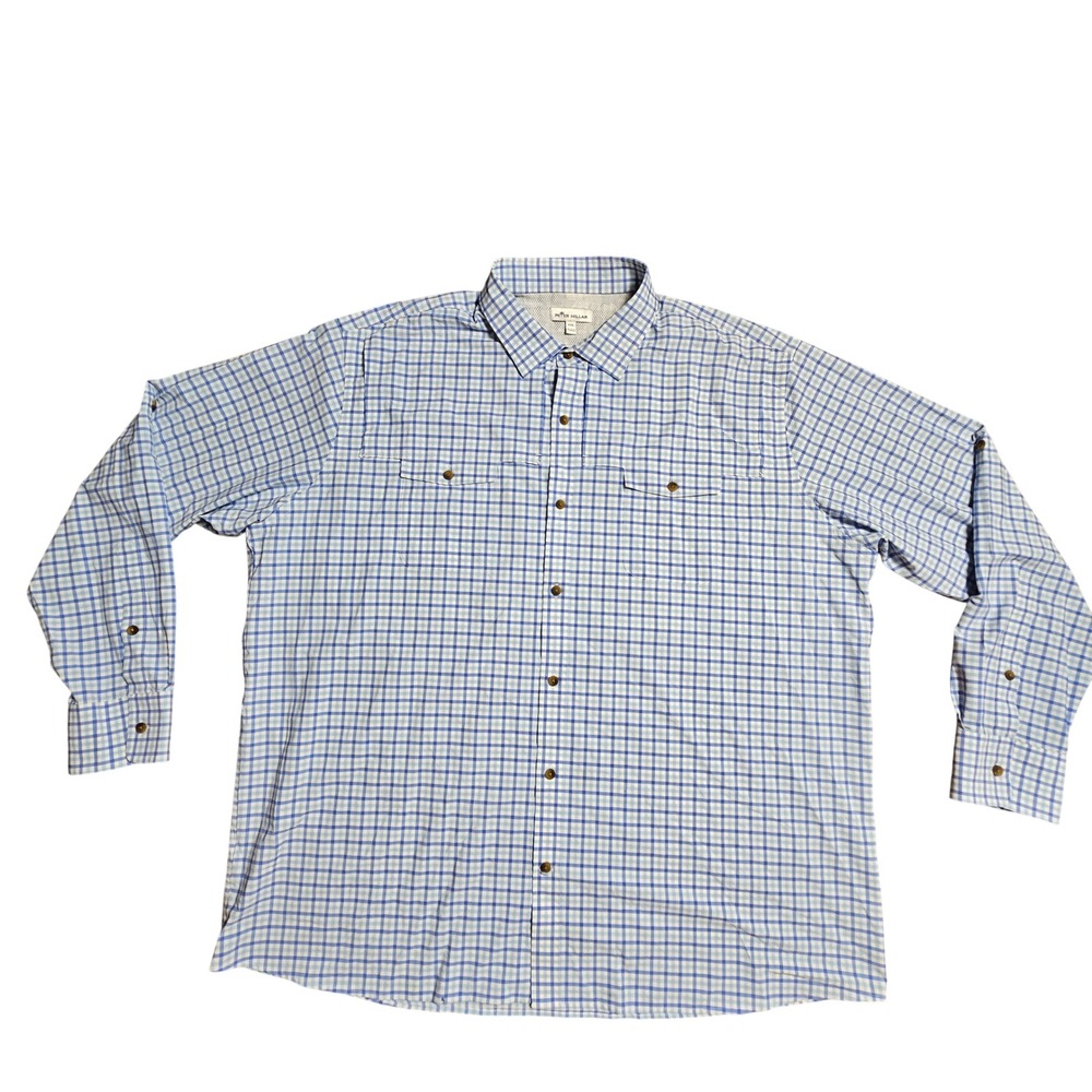 Peter Millar Mens Check Plaid Button Up Roll Tab Sleeve Shirt 2XL Corpcore
